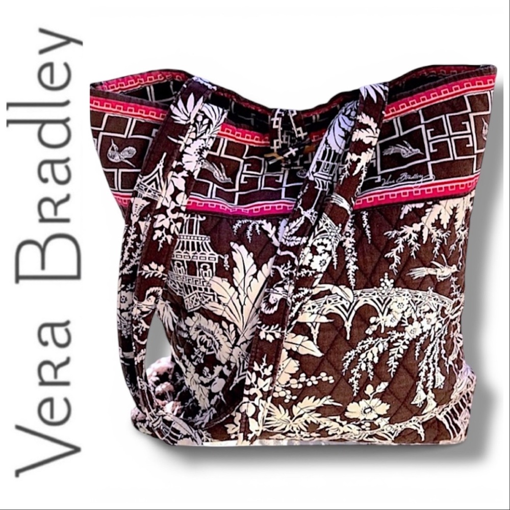 VERA BRADLEY  Large Tote in Brown Pink White Asian Inspired print with pink trim - Picture 16 of 16